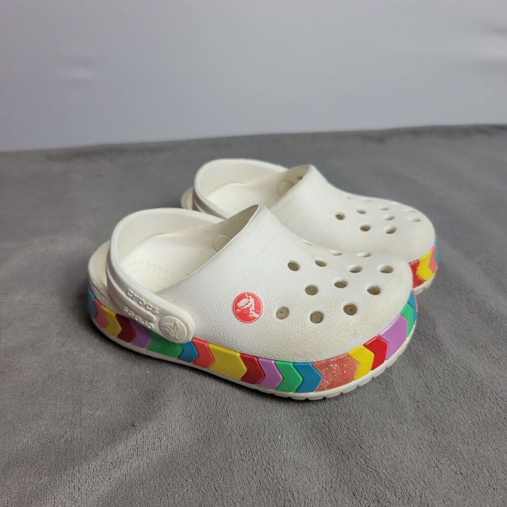White Crocs Kids Classic Clogs With Rainbow‎ Pattern Size C6